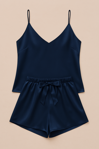 Satin Sleepwear Set Featuring A Luxe Camisole And Shorts Silky Soft, Lightweight - Free Size