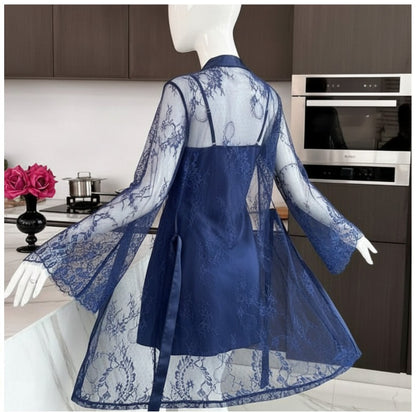 Soft Lace Robe & Silk Inner – 2 Piece Transparent Net Gown Set | Free Size