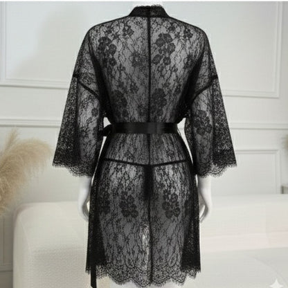 3 Piece Net Gown Set with Bra & Panty | Soft Lace Robe Lingerie | Free Size