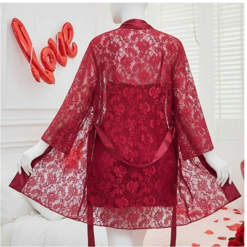Soft Lace Robe & Silk Inner – 2 Piece Transparent Net Gown Set | Free Size