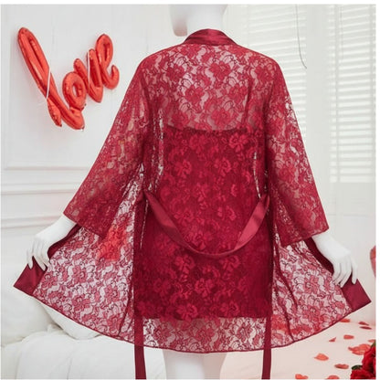 Soft Lace Robe & Silk Inner – 2 Piece Transparent Net Gown Set | Free Size