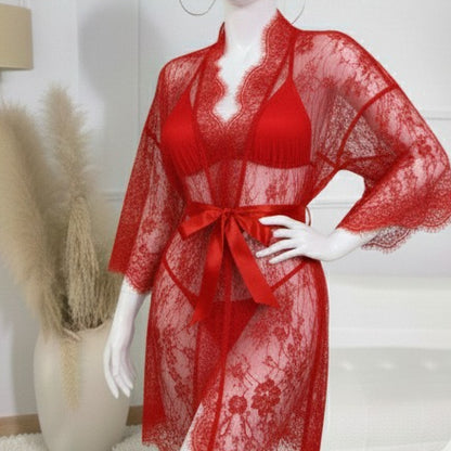 3 Piece Net Gown Set with Bra & Panty | Soft Lace Robe Lingerie | Free Size