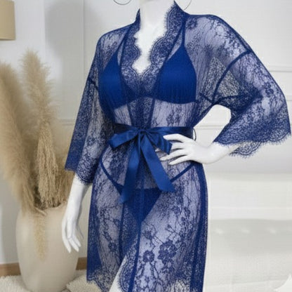 3 Piece Net Gown Set with Bra & Panty | Soft Lace Robe Lingerie | Free Size