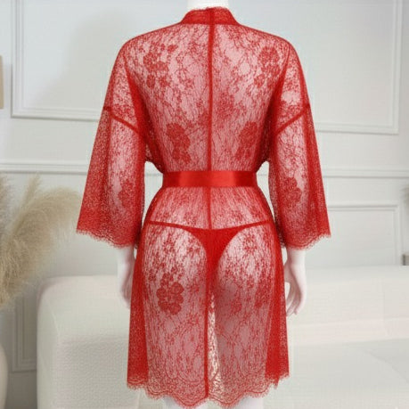 3 Piece Net Gown Set with Bra & Panty | Soft Lace Robe Lingerie | Free Size
