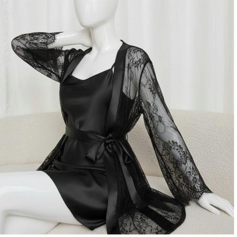 Soft Lace Robe & Silk Inner – 2 Piece Transparent Net Gown Set | Free Size