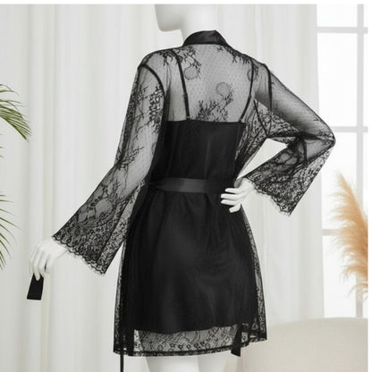 Soft Lace Robe & Silk Inner – 2 Piece Transparent Net Gown Set | Free Size