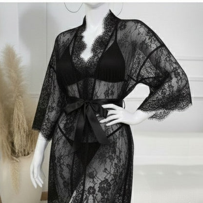 3 Piece Net Gown Set with Bra & Panty | Soft Lace Robe Lingerie | Free Size