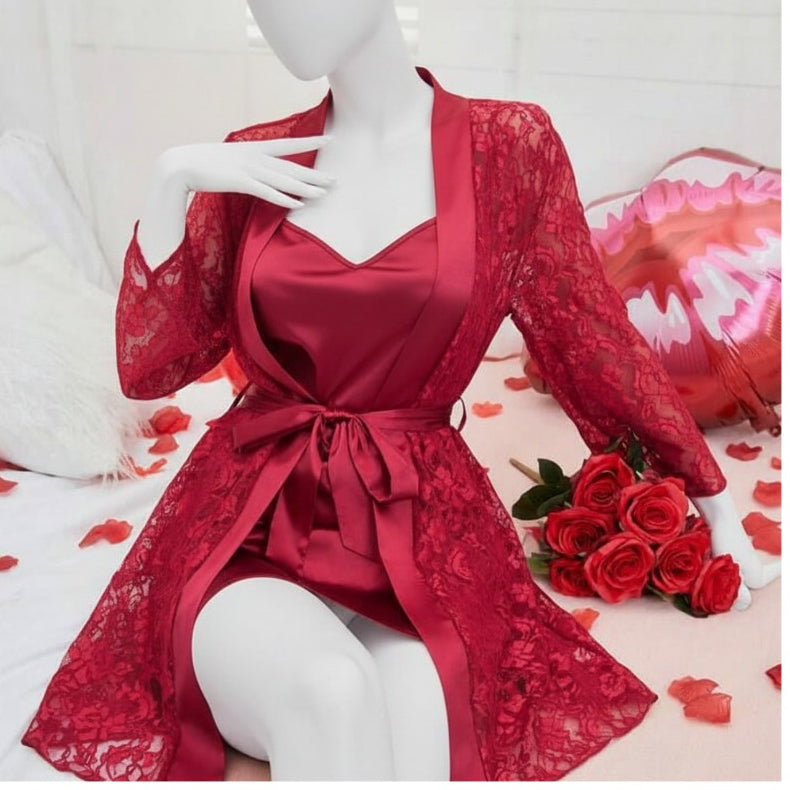 Soft Lace Robe & Silk Inner – 2 Piece Transparent Net Gown Set | Free Size