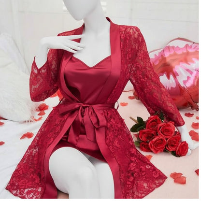 Soft Lace Robe & Silk Inner – 2 Piece Transparent Net Gown Set | Free Size