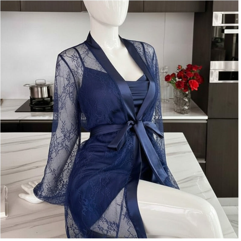 Soft Lace Robe & Silk Inner – 2 Piece Transparent Net Gown Set | Free Size