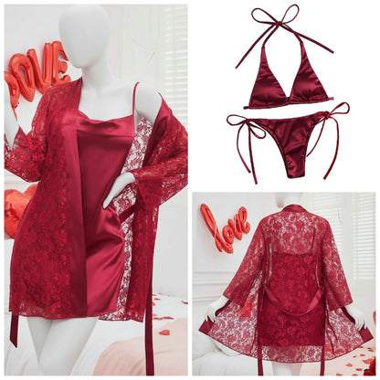4 Piece Women’s Transparent Net Gown Set | Soft Lace Robe with Silk Inner, Bra & Panty