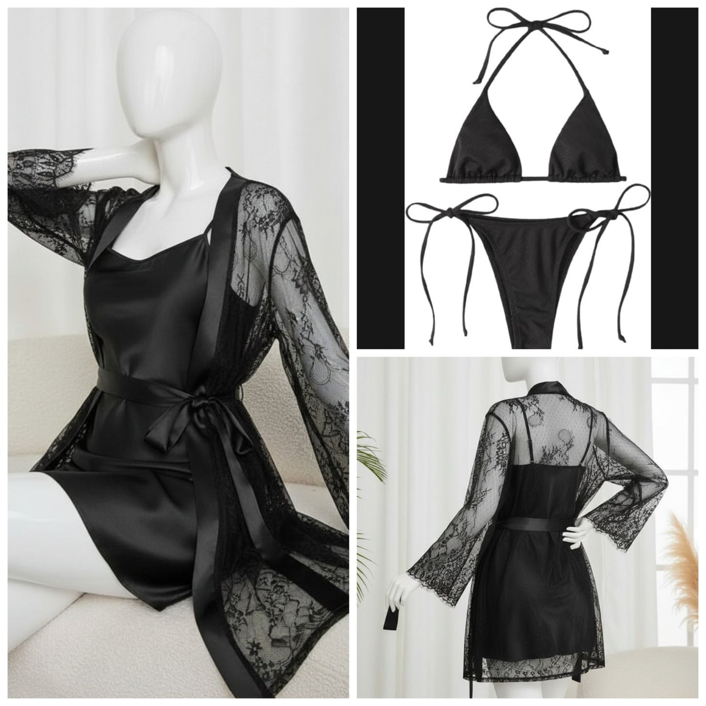 4 Piece Women’s Transparent Net Gown Set | Soft Lace Robe with Silk Inner, Bra & Panty