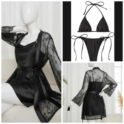 4 Piece Women’s Transparent Net Gown Set | Soft Lace Robe with Silk Inner, Bra & Panty
