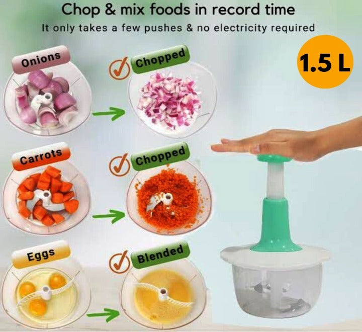 1.5L Manual Food Chopper – Speedy Hand Press Vegetable & Fruit Cutter - Plastic Body