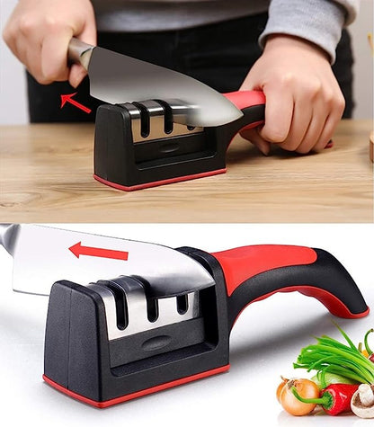 3-Stage Manual Knife Sharpener – Professional Kitchen Knife Sharpening Tool with Ergonomic Handle & Non-Slip Base