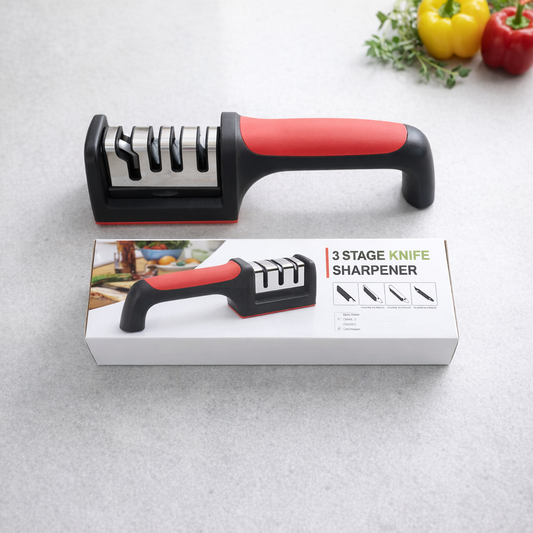 3-Stage Manual Knife Sharpener – Professional Kitchen Knife Sharpening Tool with Ergonomic Handle & Non-Slip Base