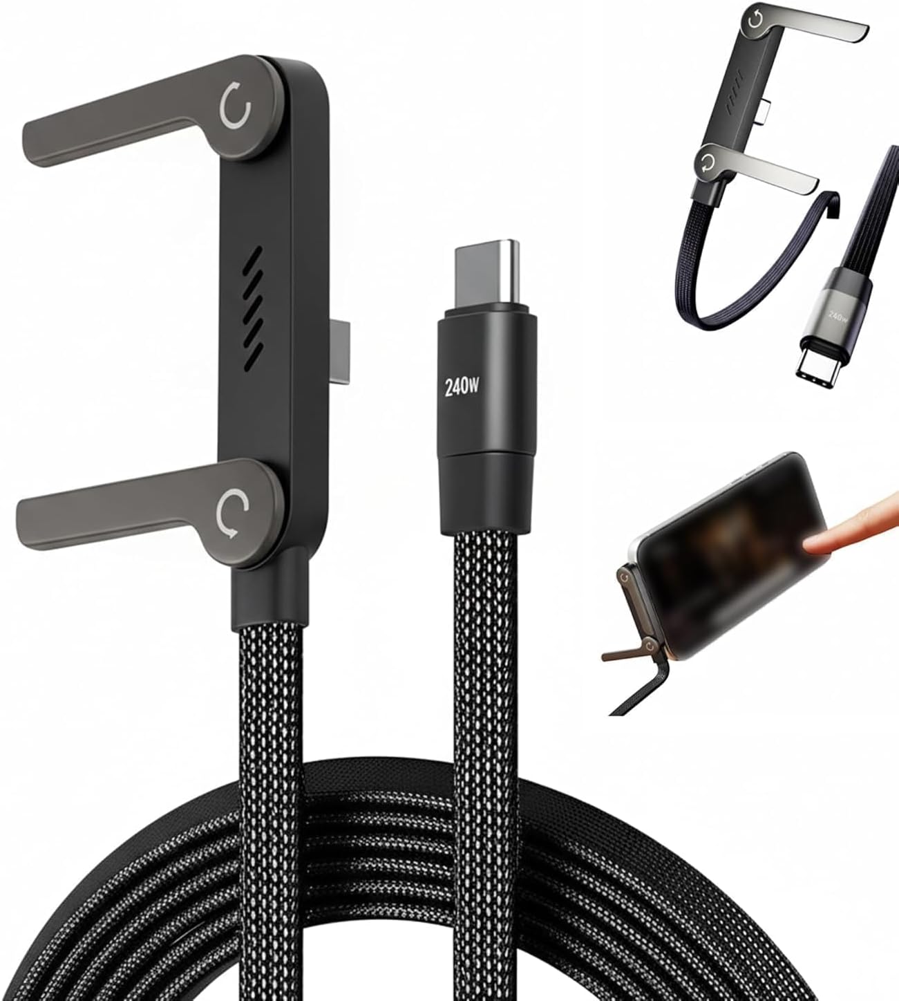 2-In-1 Invisible Holder Charger Cable With Stand | Nylon Braided USB C To USB C Cable 1.5M | 240W Fast Charging Cord For Smartphones, Tablets & Laptops