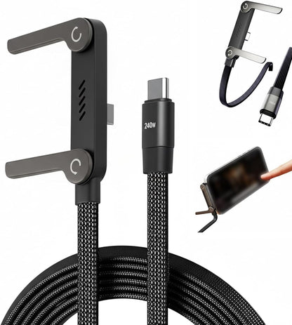 2-In-1 Invisible Holder Charger Cable With Stand | Nylon Braided USB C To USB C Cable 1.5M | 240W Fast Charging Cord For Smartphones, Tablets & Laptops