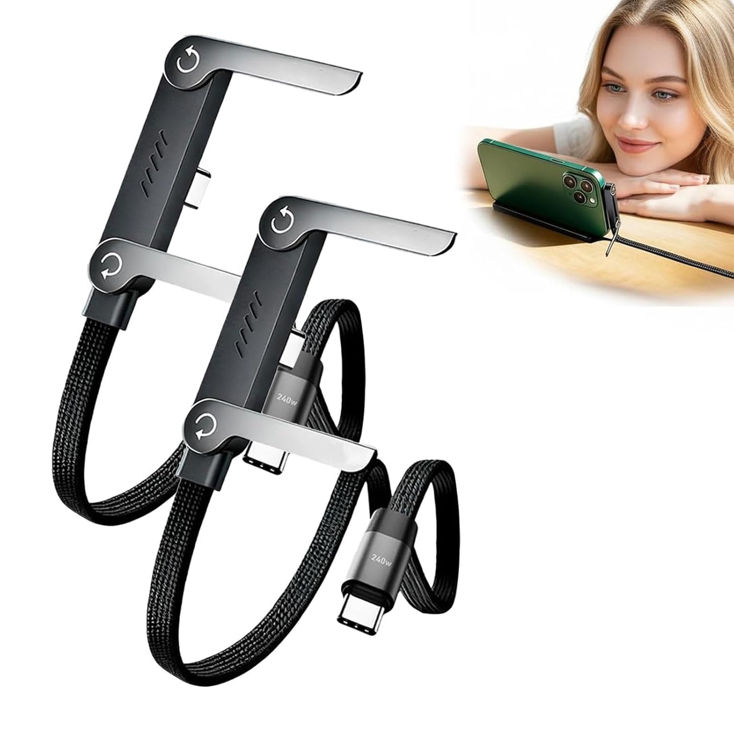 2-In-1 Invisible Holder Charger Cable With Stand | Nylon Braided USB C To USB C Cable 1.5M | 240W Fast Charging Cord For Smartphones, Tablets & Laptops